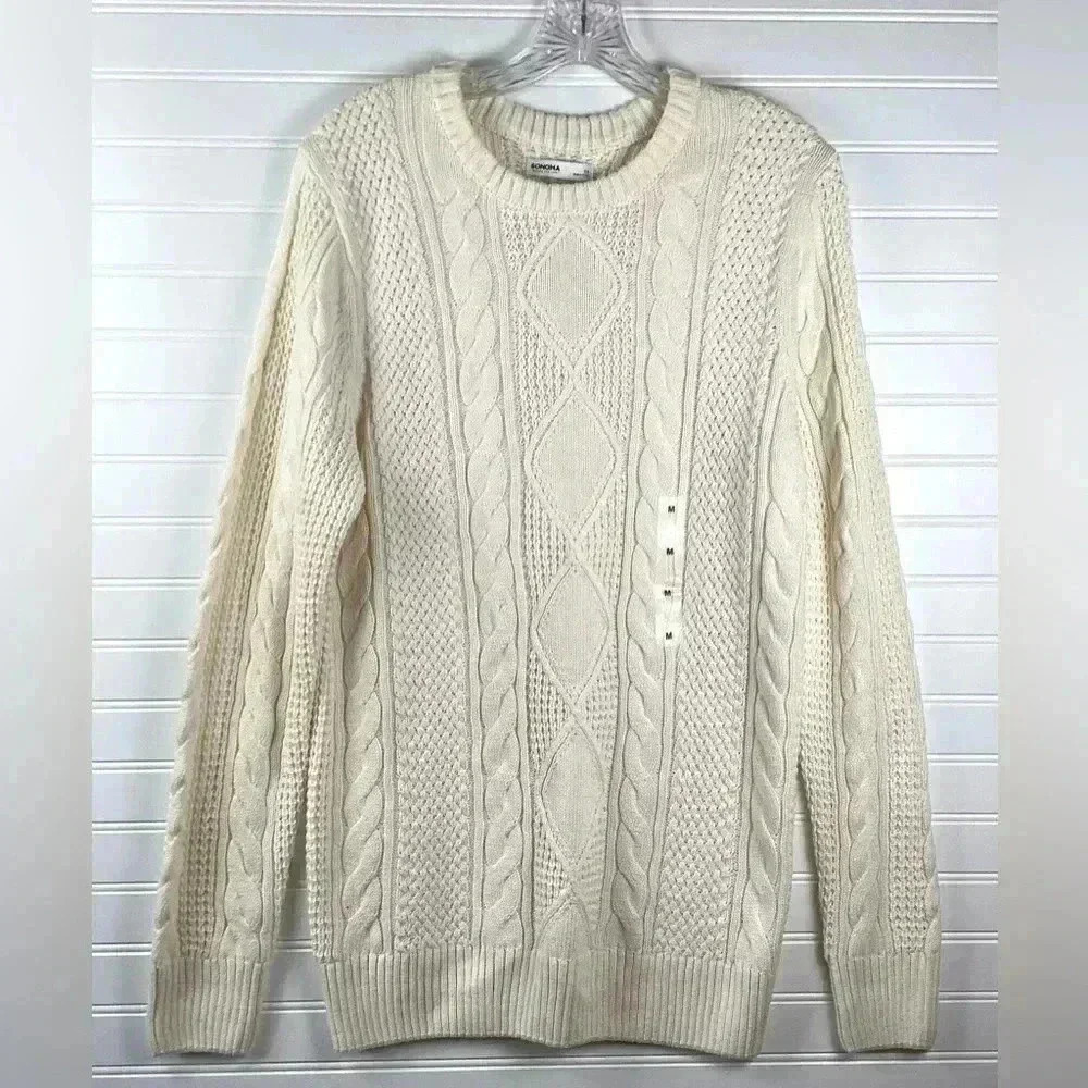 Sonoma NWOT Ivory Cable Knit Fisherman Crew Neck Sweater Size Medium
